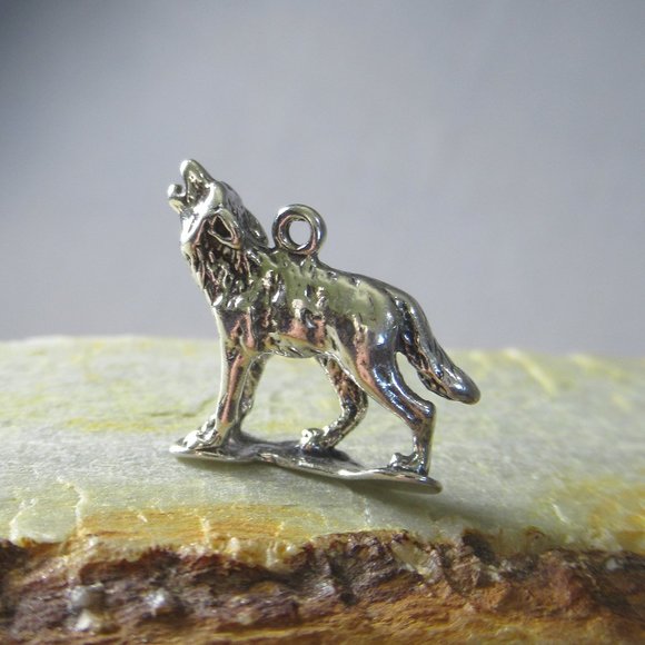 Sterling Silver Wolf Charm Singing to the Moon - Picture 3 of 7